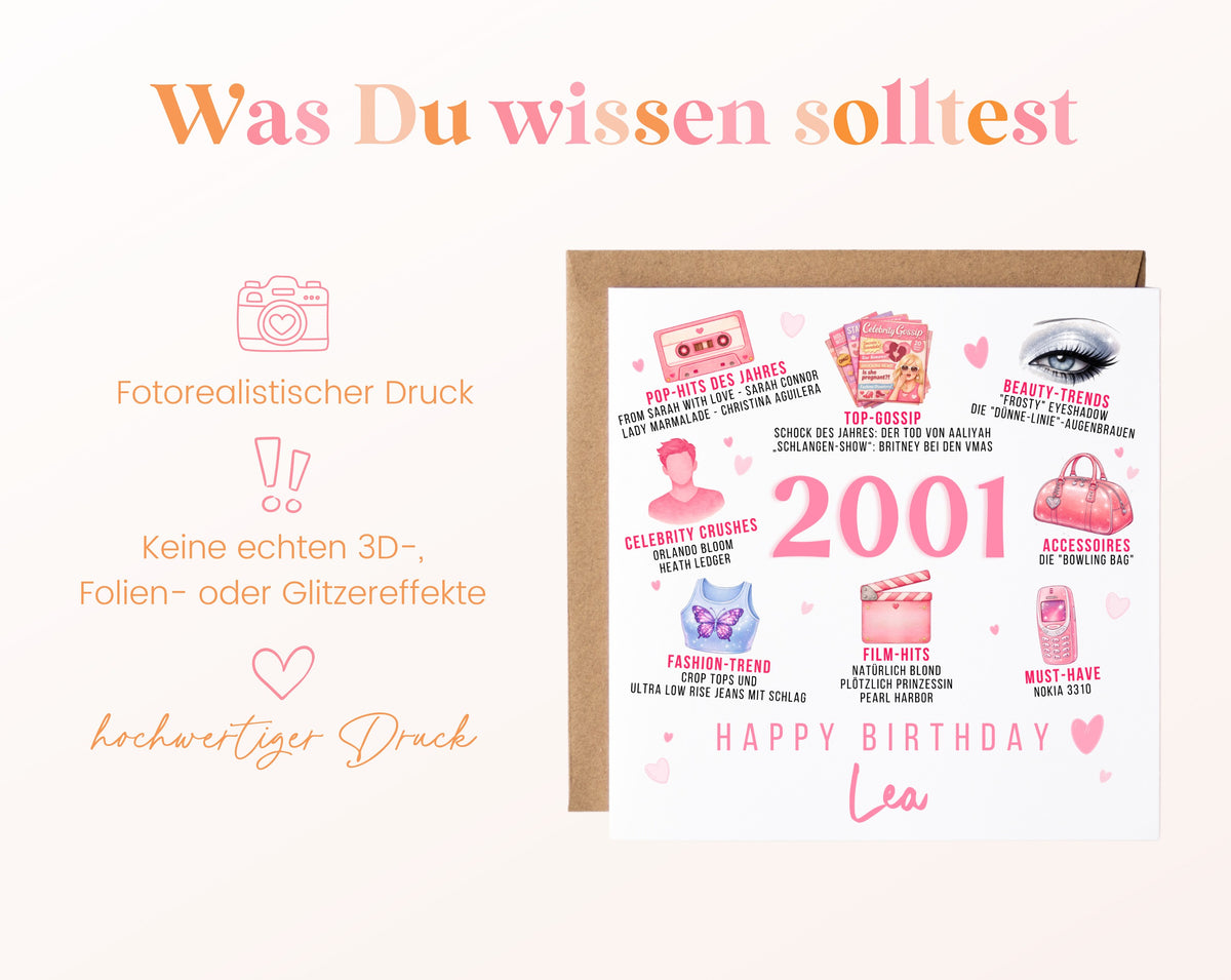 Personalisierte Geburtstagskarte Jahrgang 2001 – rosa Popkultur – Informationen zur Karte