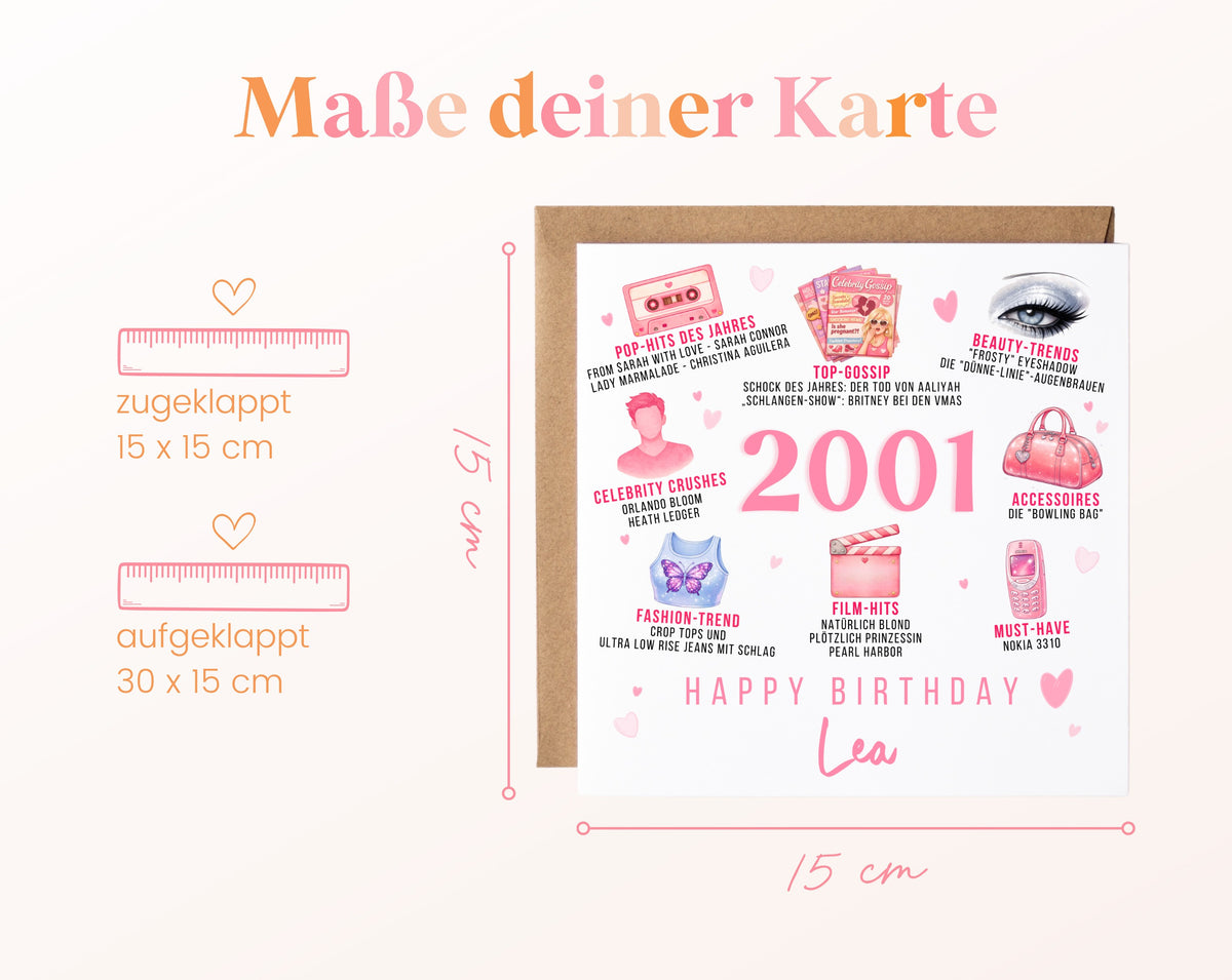 Personalisierte Geburtstagskarte Jahrgang 2001 – rosa Popkultur – Maße der Klappkarte