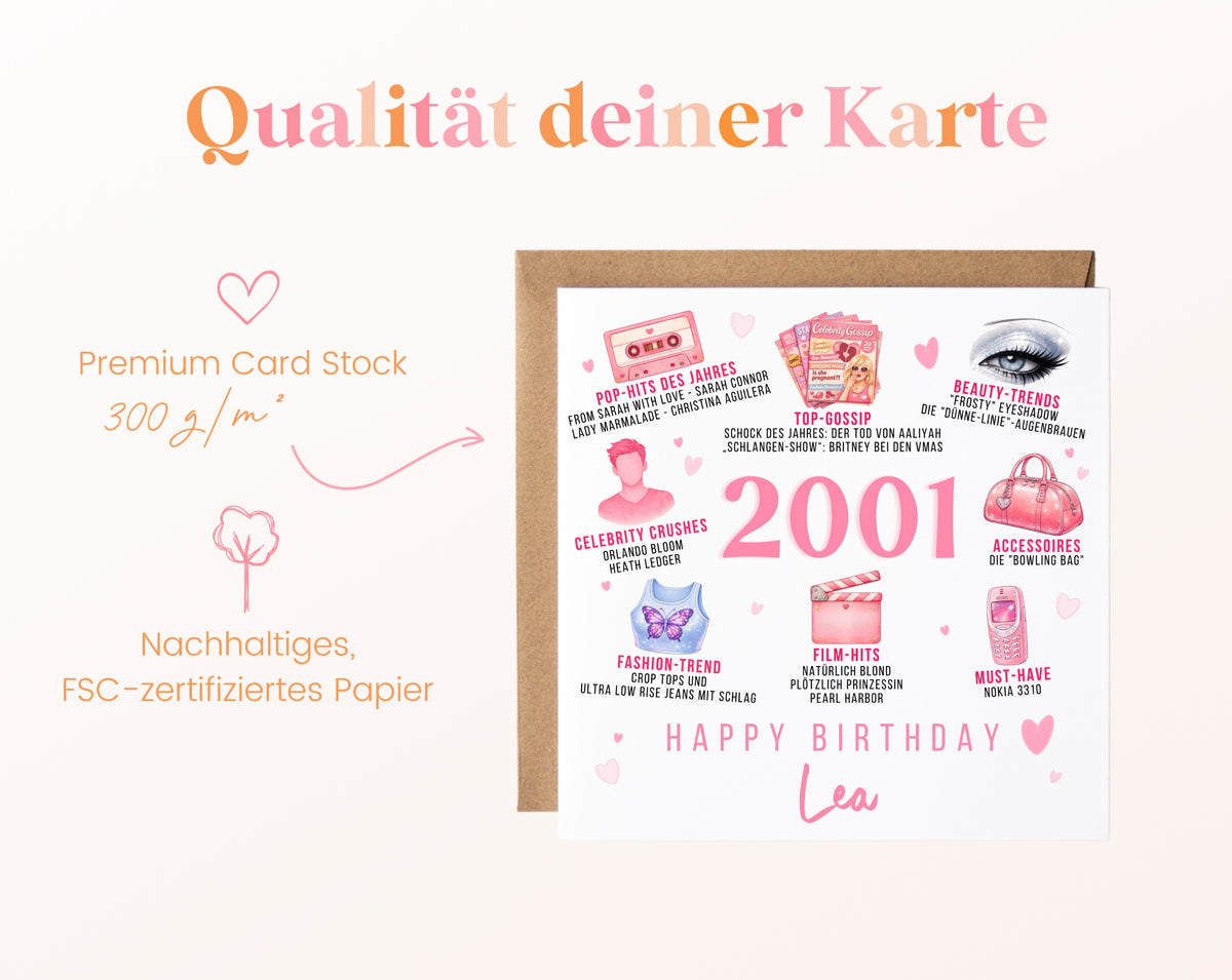 Personalisierte Geburtstagskarte Jahrgang 2001 – rosa Popkultur – Kartenpapier 300 g/m²