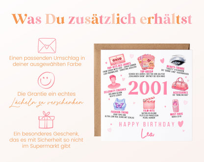 Personalisierte Geburtstagskarte Jahrgang 2001 – rosa Popkultur – Umschlag zur Karte