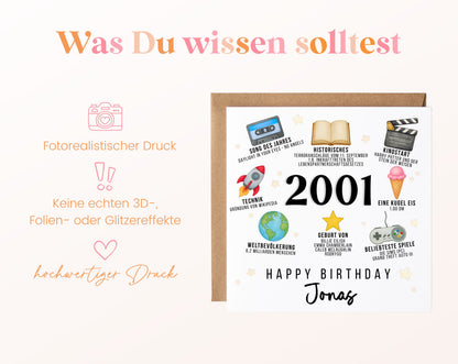 Personalisierte Geburtstagskarte Jahrgang 2001 – Zeitreise mit Musik und Film – Informationen zur Karte