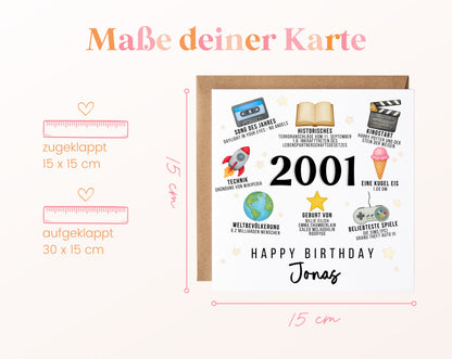 Personalisierte Geburtstagskarte Jahrgang 2001 – Zeitreise mit Musik und Film – Maße der Klappkarte