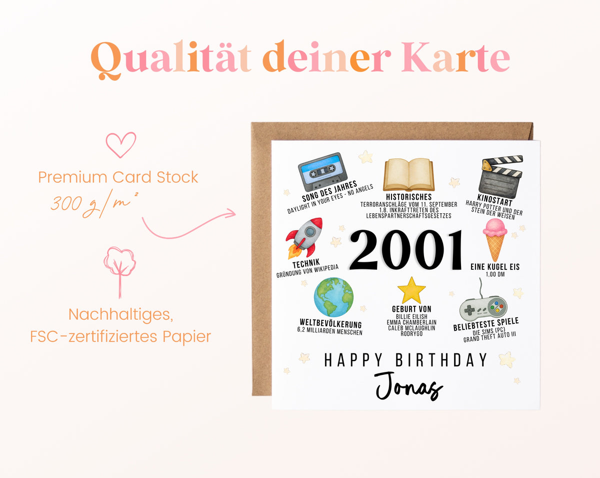 Personalisierte Geburtstagskarte Jahrgang 2001 – Zeitreise mit Musik und Film – Kartenpapier 300 g/m²