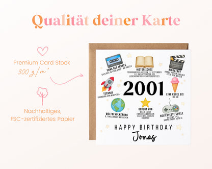 Personalisierte Geburtstagskarte Jahrgang 2001 – Zeitreise mit Musik und Film – Kartenpapier 300 g/m²