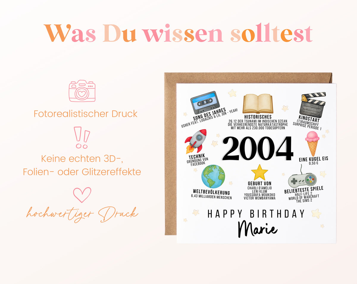 Personalisierte Geburtstagskarte Jahrgang 2004 – Zeitreise mit Musik und Film – Informationen zur Karte