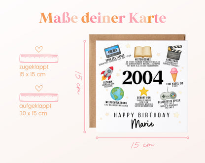 Personalisierte Geburtstagskarte Jahrgang 2004 – Zeitreise mit Musik und Film – Maße der Klappkarte