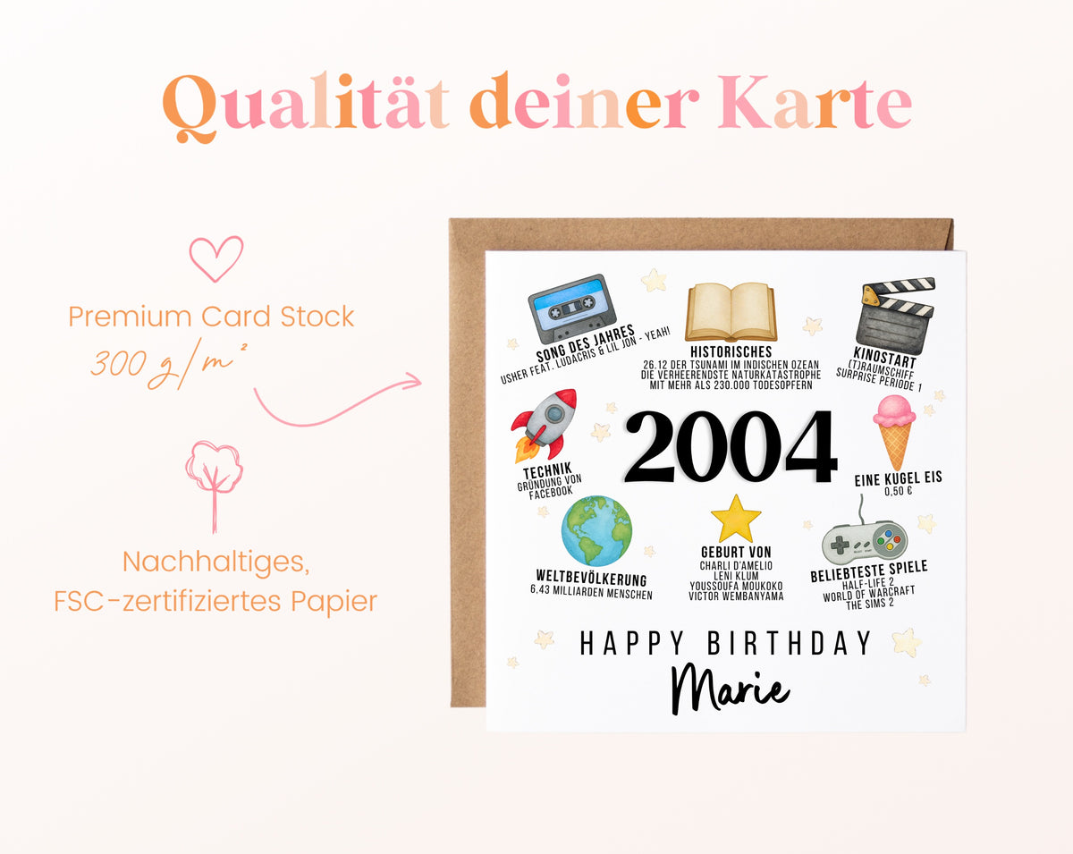 Personalisierte Geburtstagskarte Jahrgang 2004 – Zeitreise mit Musik und Film – Kartenpapier 300 g/m²