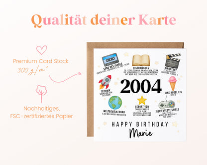 Personalisierte Geburtstagskarte Jahrgang 2004 – Zeitreise mit Musik und Film – Kartenpapier 300 g/m²