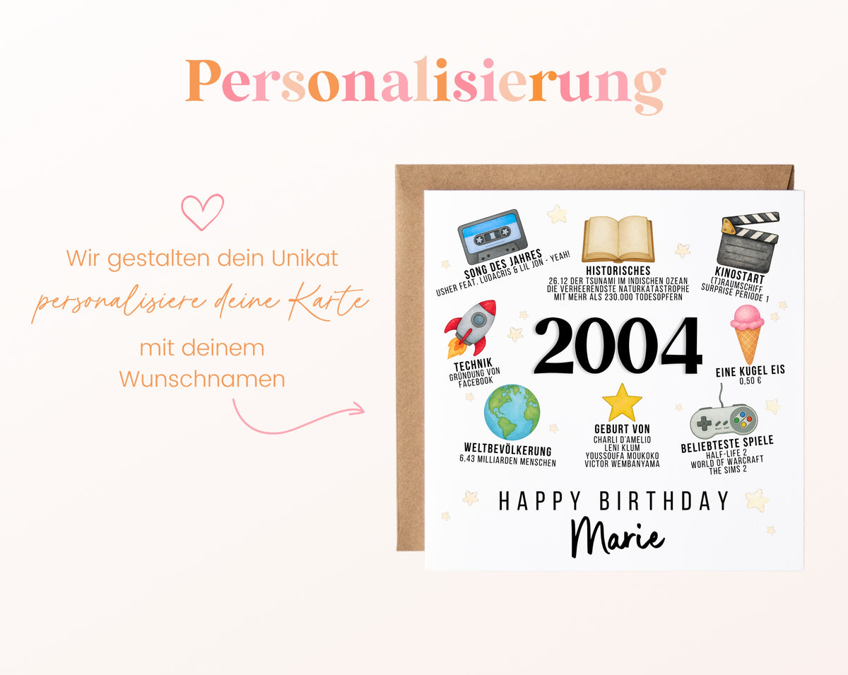 Personalisierte Geburtstagskarte Jahrgang 2004 – Zeitreise mit Musik und Film – Personalisierung mit Wunschname