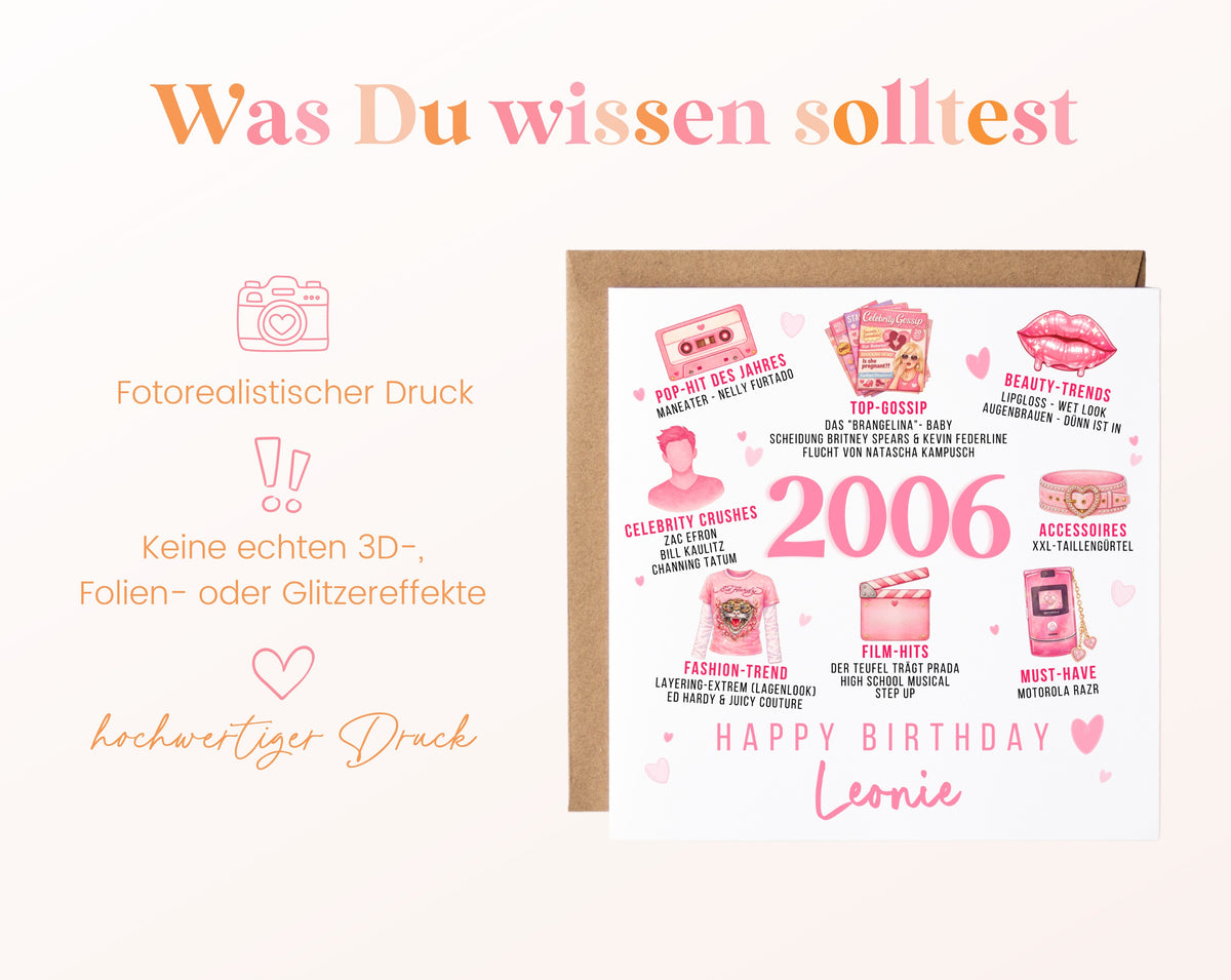 Personalisierte Geburtstagskarte Jahrgang 2006 – rosa Popkultur – Informationen zur Karte