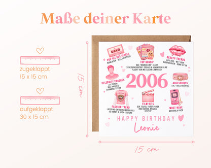 Personalisierte Geburtstagskarte Jahrgang 2006 – rosa Popkultur – Maße der Klappkarte