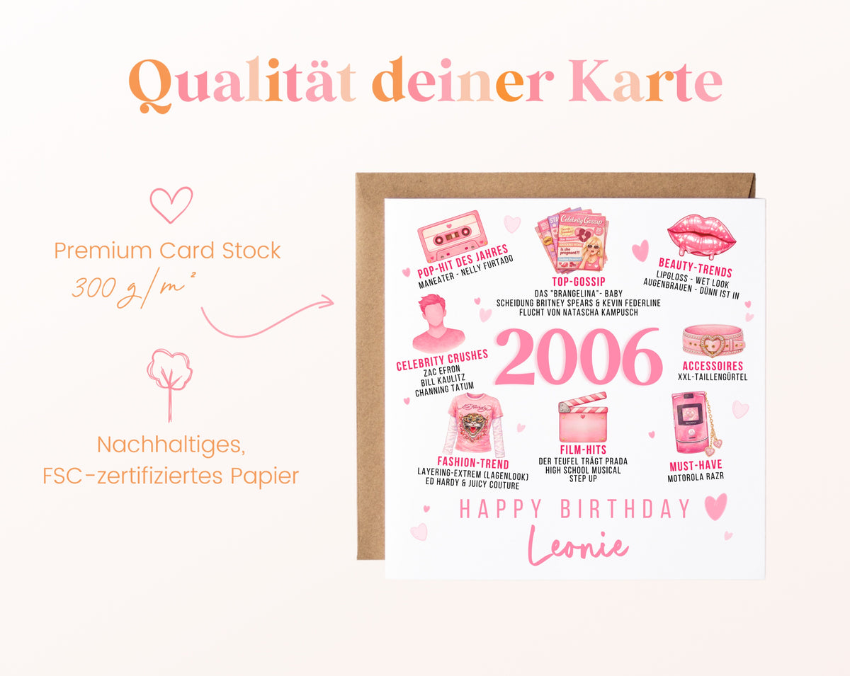 Personalisierte Geburtstagskarte Jahrgang 2006 – rosa Popkultur – Kartenpapier 300 g/m²