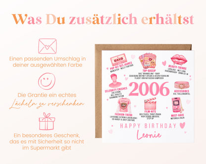 Personalisierte Geburtstagskarte Jahrgang 2006 – rosa Popkultur – Umschlag zur Karte