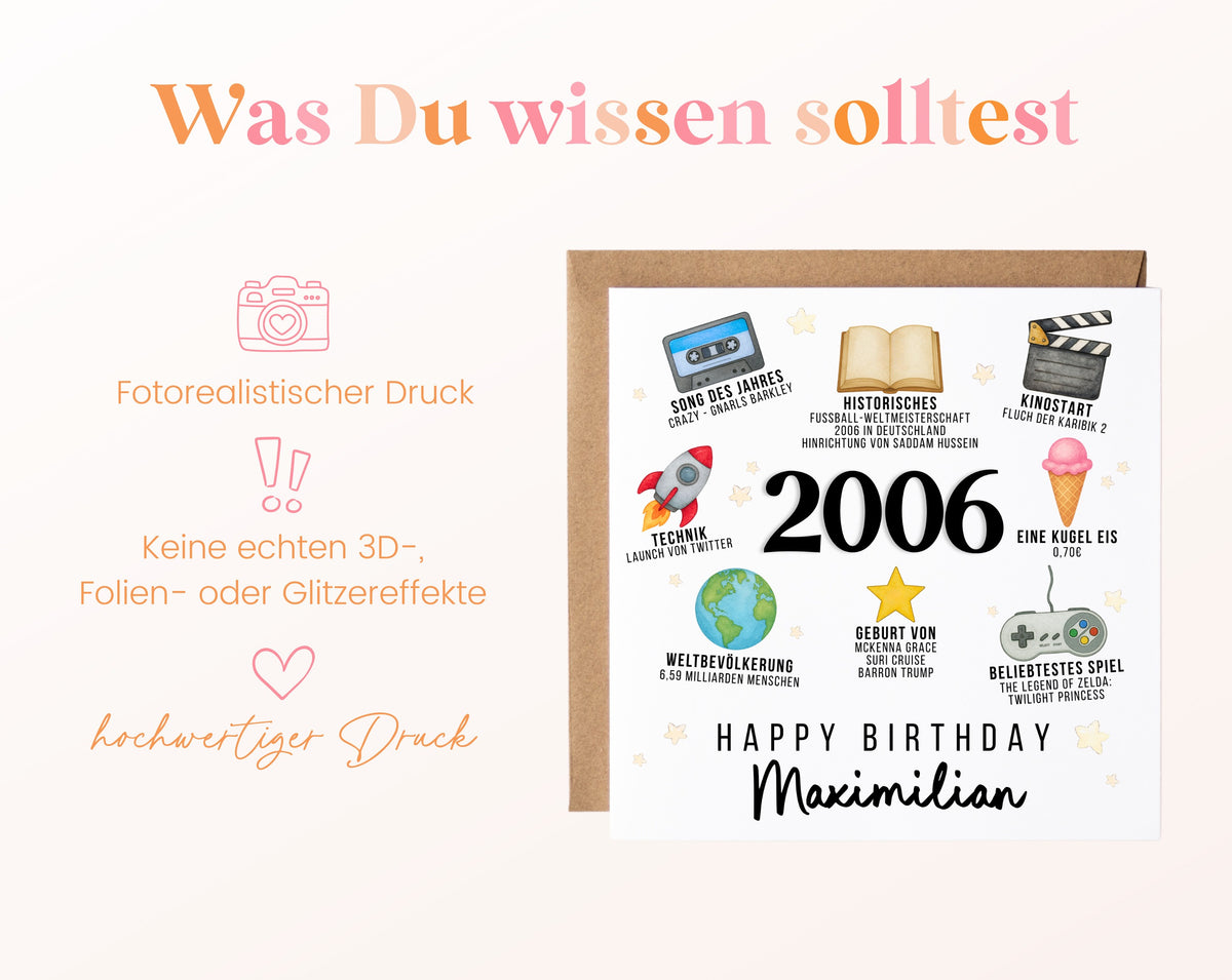 Personalisierte Geburtstagskarte Jahrgang 2006 – Zeitreise mit Musik und Film – Informationen zur Karte
