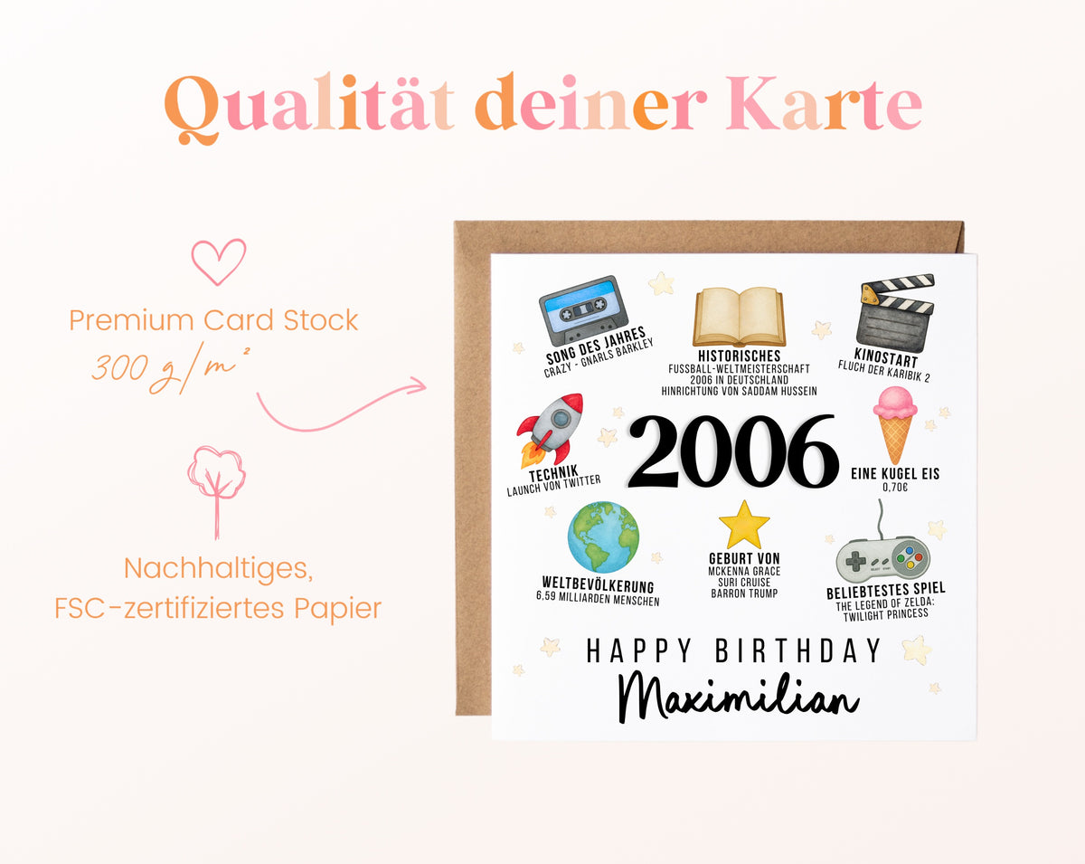 Personalisierte Geburtstagskarte Jahrgang 2006 – Zeitreise mit Musik und Film – Kartenpapier 300 g/m²