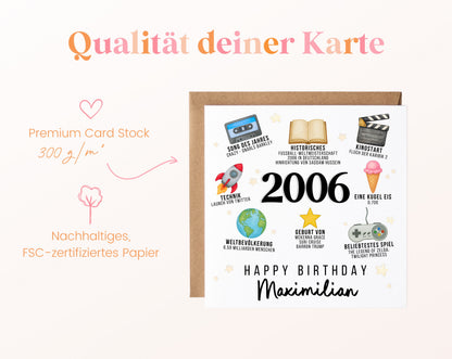 Personalisierte Geburtstagskarte Jahrgang 2006 – Zeitreise mit Musik und Film – Kartenpapier 300 g/m²