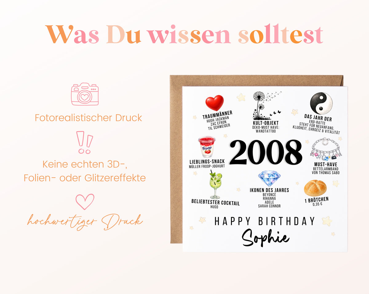 Personalisierte Geburtstagskarte Jahrgang 2008 – Nostalgie für Frauen – Informationen zur Karte