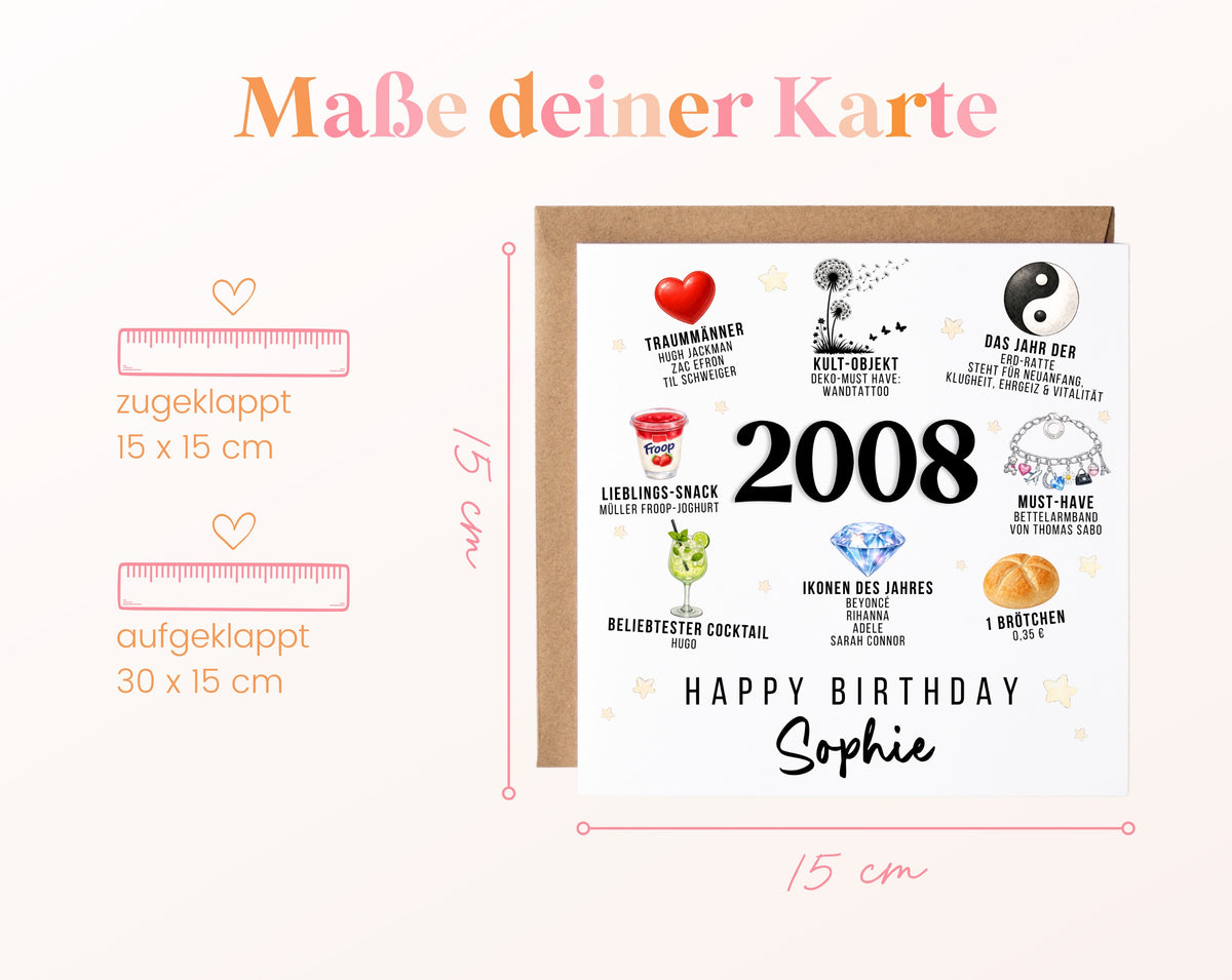 Personalisierte Geburtstagskarte Jahrgang 2008 – Nostalgie für Frauen – Maße der Klappkarte