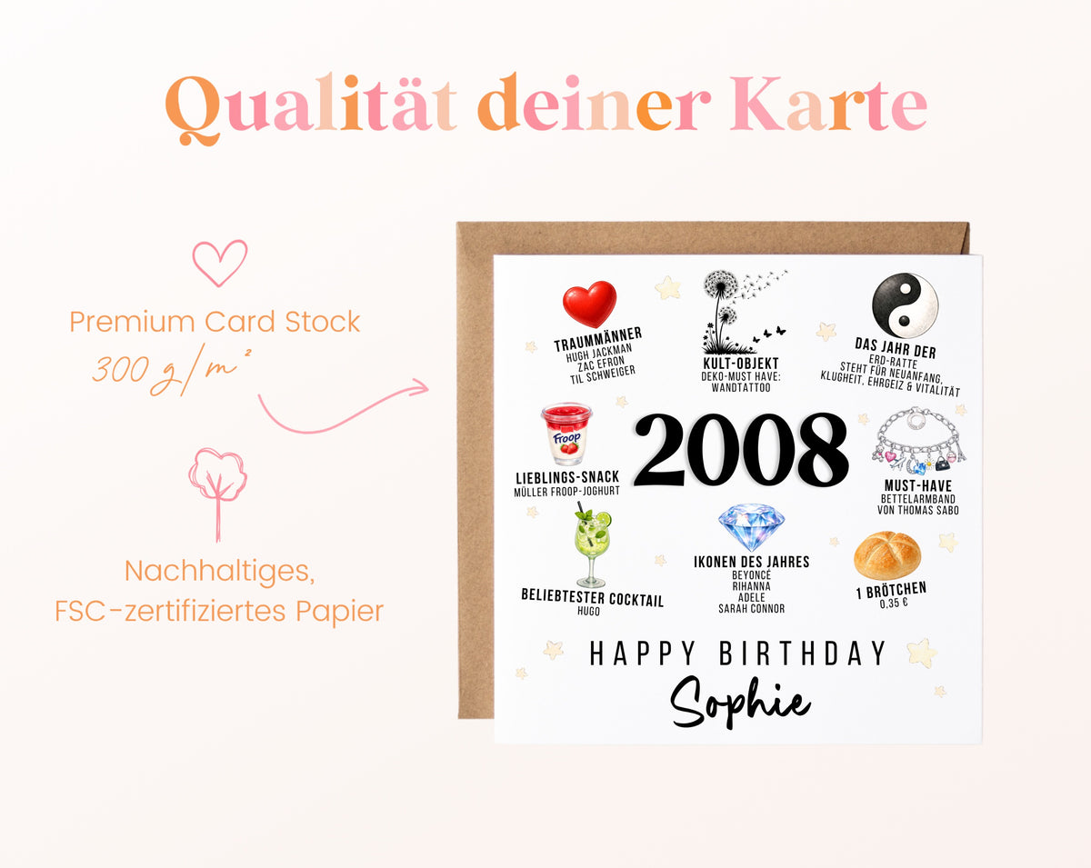 Personalisierte Geburtstagskarte Jahrgang 2008 – Nostalgie für Frauen – Kartenpapier 300 g/m²