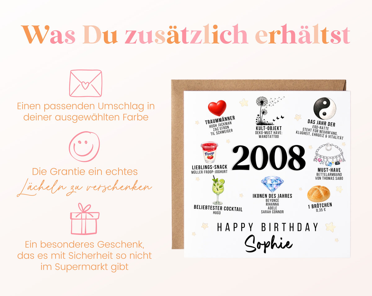 Personalisierte Geburtstagskarte Jahrgang 2008 – Nostalgie für Frauen – Umschlag zur Karte