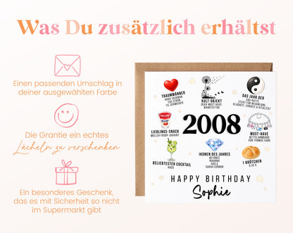 Personalisierte Geburtstagskarte Jahrgang 2008 – Nostalgie für Frauen – Umschlag zur Karte