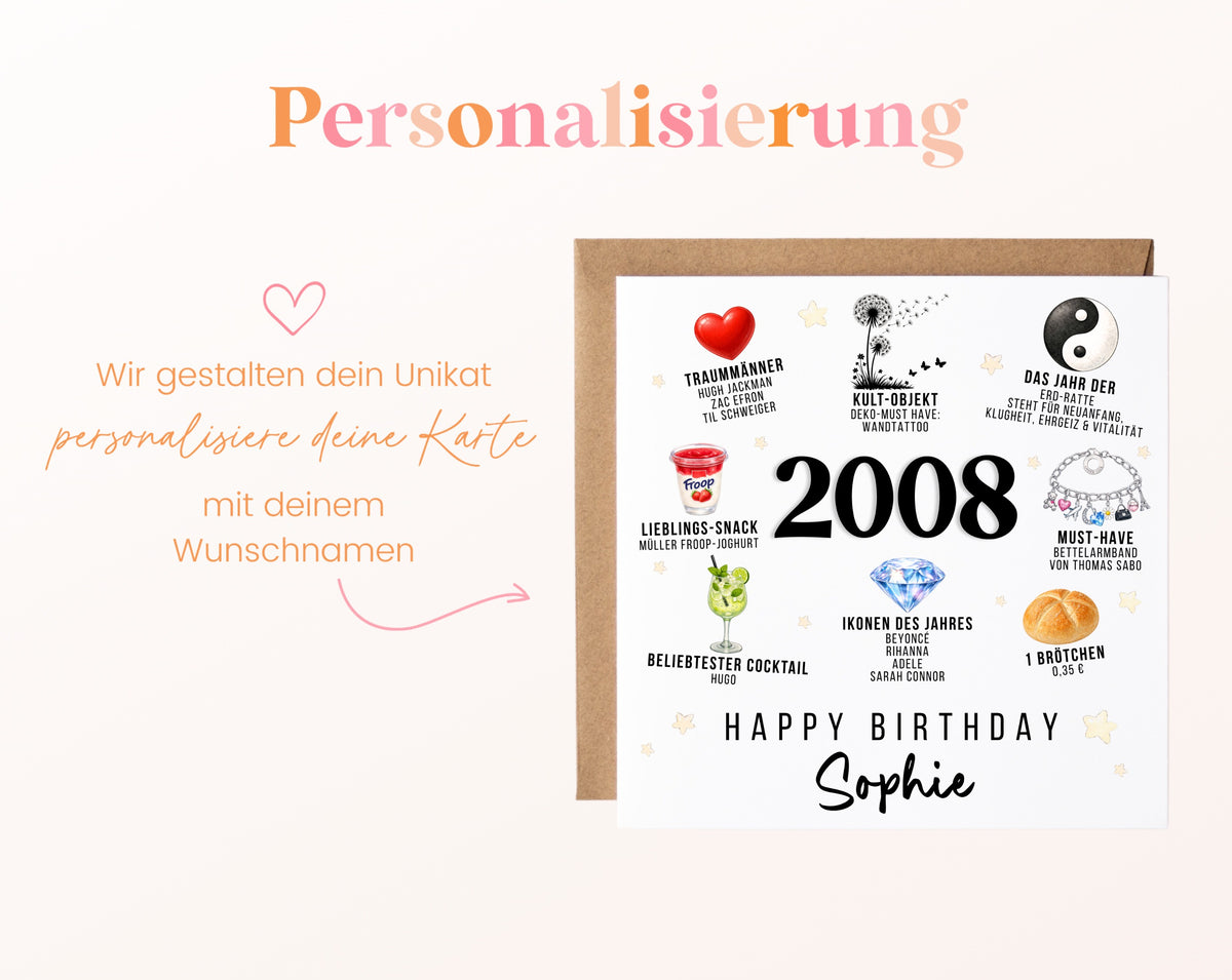 Personalisierte Geburtstagskarte Jahrgang 2008 – Nostalgie für Frauen – Personalisierung mit Wunschname