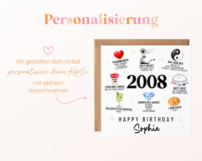 Personalisierte Geburtstagskarte Jahrgang 2008 – Nostalgie für Frauen – Personalisierung mit Wunschname