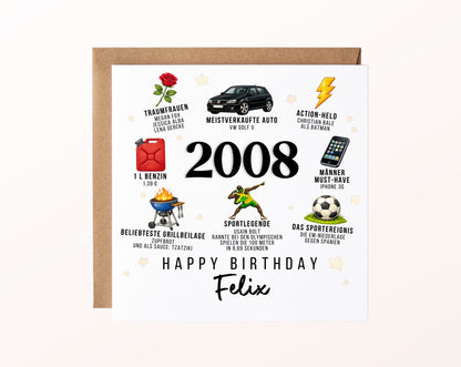 Personalisierte Geburtstagskarte Jahrgang 2008 – Nostalgie für Männer – Motiv mit Umschlag