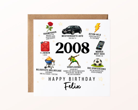 Personalisierte Geburtstagskarte Jahrgang 2008 – Nostalgie für Männer – Motiv mit Umschlag
