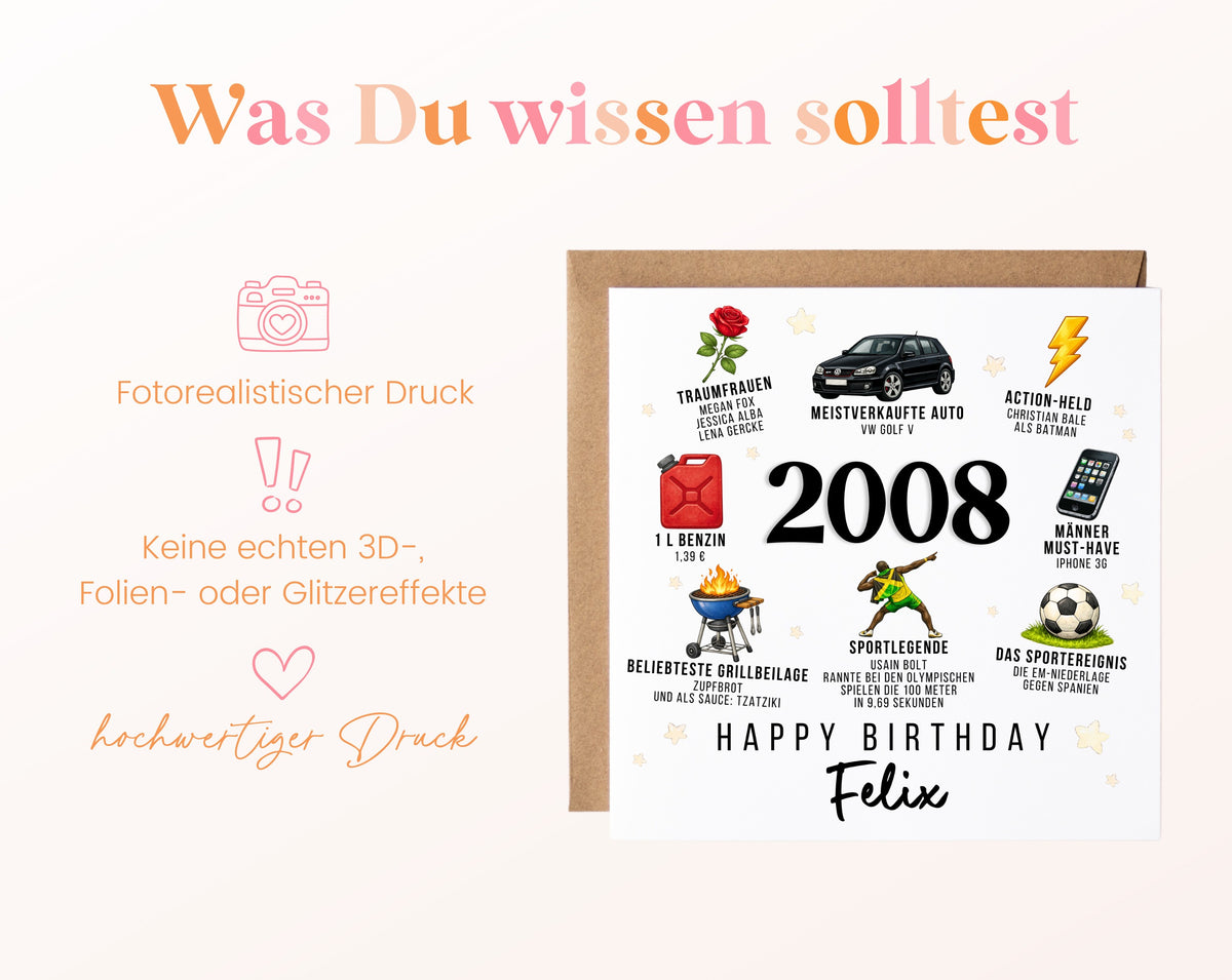Personalisierte Geburtstagskarte Jahrgang 2008 – Nostalgie für Männer – Informationen zur Karte