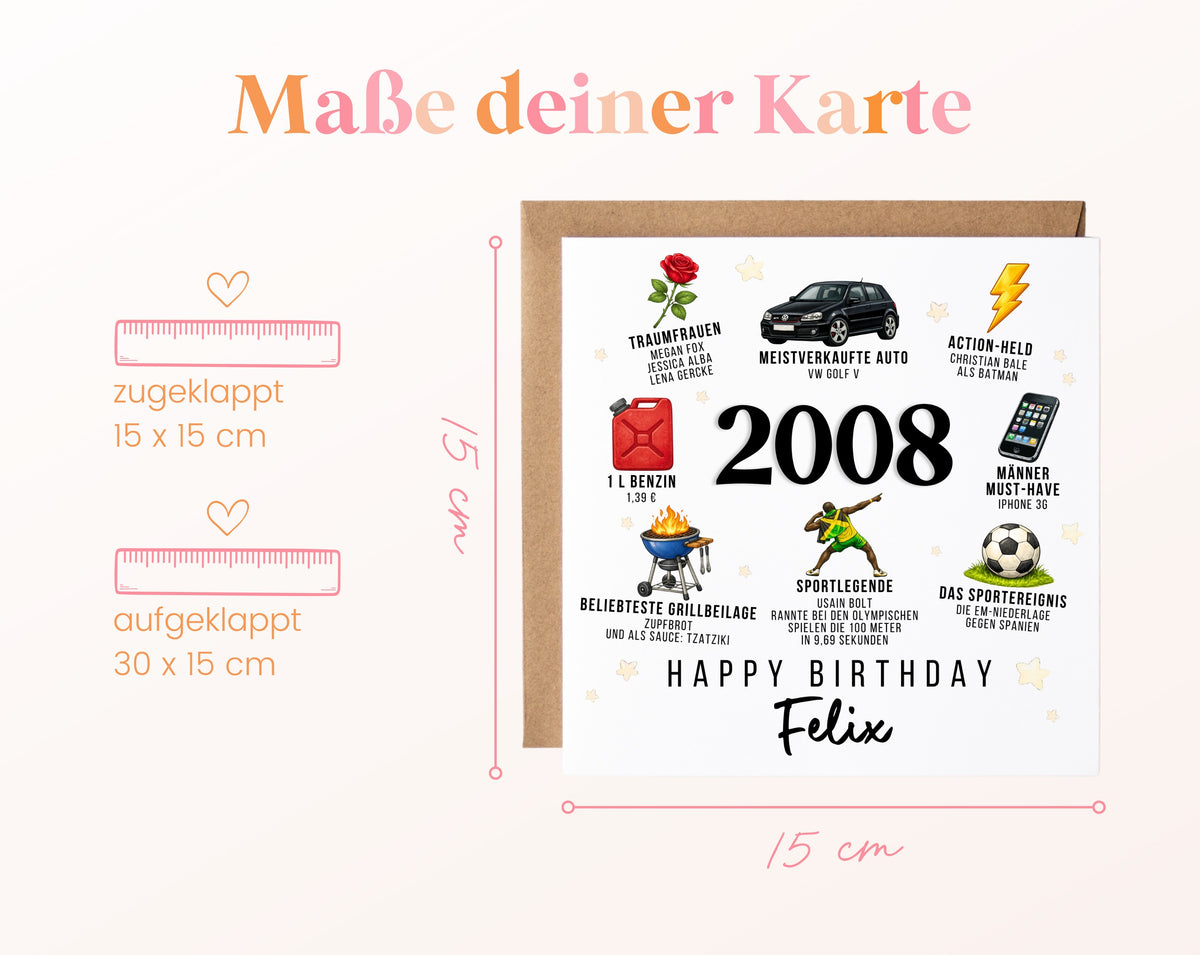 Personalisierte Geburtstagskarte Jahrgang 2008 – Nostalgie für Männer – Maße der Klappkarte