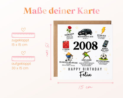 Personalisierte Geburtstagskarte Jahrgang 2008 – Nostalgie für Männer – Maße der Klappkarte