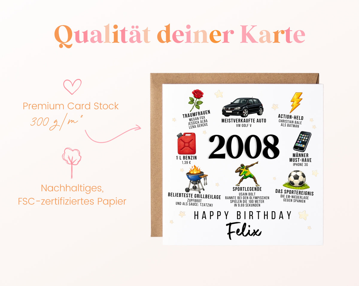 Personalisierte Geburtstagskarte Jahrgang 2008 – Nostalgie für Männer – Kartenpapier 300 g/m²