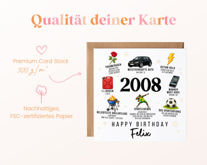 Personalisierte Geburtstagskarte Jahrgang 2008 – Nostalgie für Männer – Kartenpapier 300 g/m²