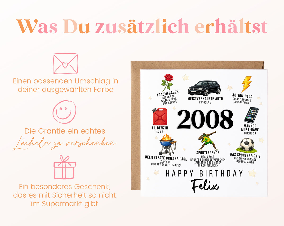 Personalisierte Geburtstagskarte Jahrgang 2008 – Nostalgie für Männer – Umschlag zur Karte