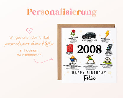 Personalisierte Geburtstagskarte Jahrgang 2008 – Nostalgie für Männer – Personalisierung mit Wunschname