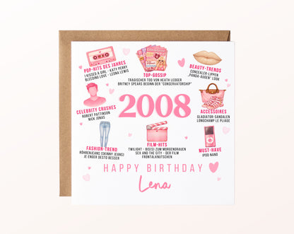 Personalisierte Geburtstagskarte Jahrgang 2008 – rosa Popkultur – Motiv mit Umschlag