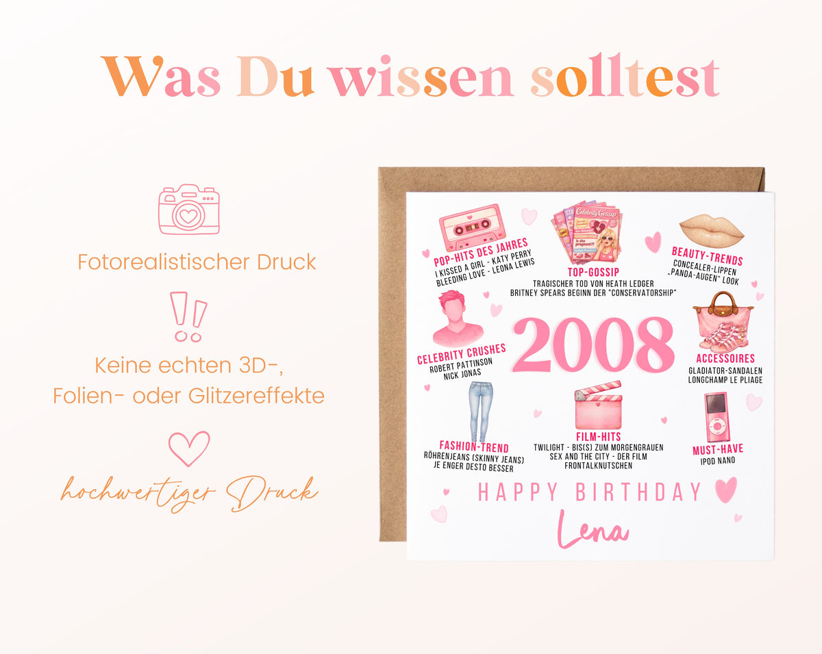 Personalisierte Geburtstagskarte Jahrgang 2008 – rosa Popkultur – Informationen zur Karte