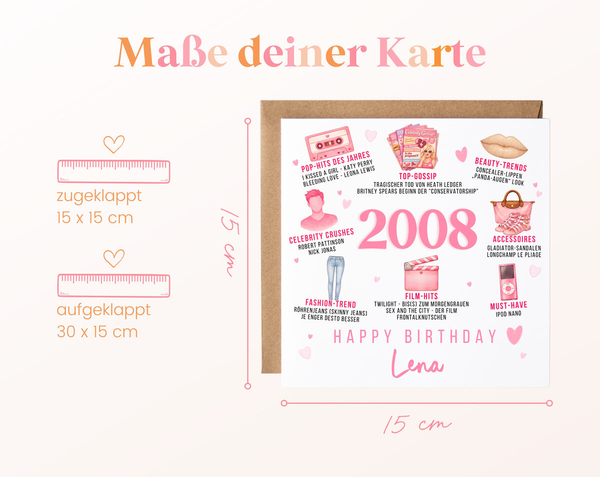 Personalisierte Geburtstagskarte Jahrgang 2008 – rosa Popkultur – Maße der Klappkarte