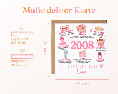 Personalisierte Geburtstagskarte Jahrgang 2008 – rosa Popkultur – Maße der Klappkarte