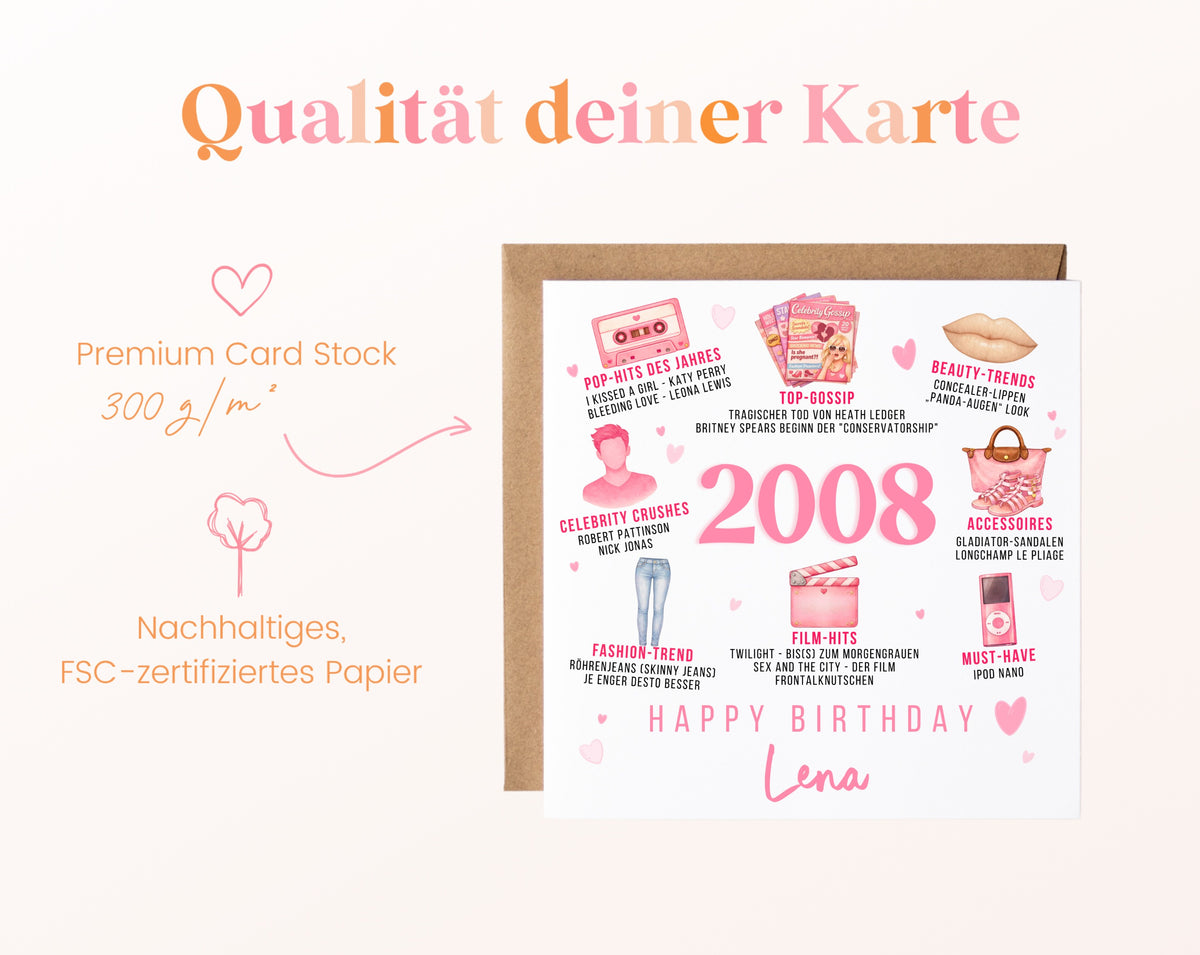 Personalisierte Geburtstagskarte Jahrgang 2008 – rosa Popkultur – Kartenpapier 300 g/m²