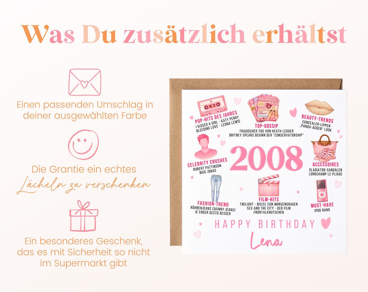 Personalisierte Geburtstagskarte Jahrgang 2008 – rosa Popkultur – Umschlag zur Karte