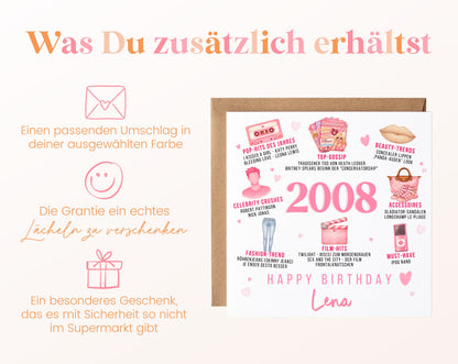 Personalisierte Geburtstagskarte Jahrgang 2008 – rosa Popkultur – Umschlag zur Karte