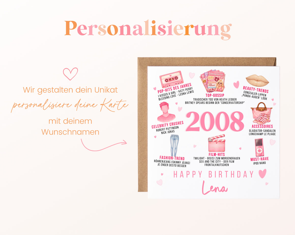 Personalisierte Geburtstagskarte Jahrgang 2008 – rosa Popkultur – Personalisierung mit Wunschname
