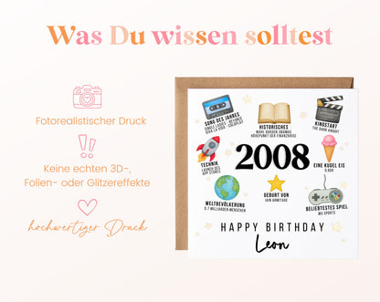 Personalisierte Geburtstagskarte Jahrgang 2008 – Zeitreise mit Musik und Film – Informationen zur Karte