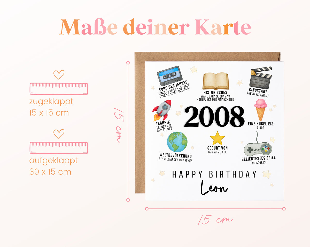 Personalisierte Geburtstagskarte Jahrgang 2008 – Zeitreise mit Musik und Film – Maße der Klappkarte