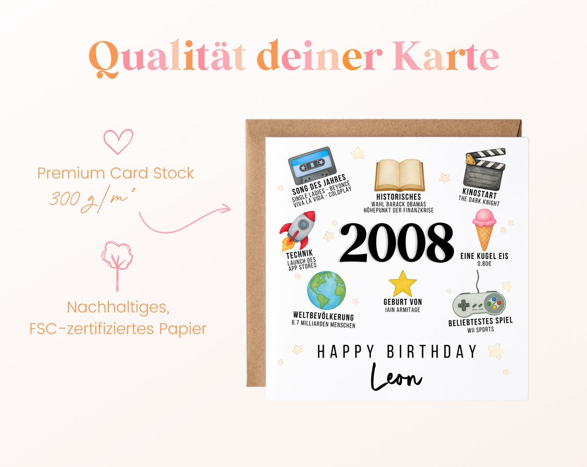 Personalisierte Geburtstagskarte Jahrgang 2008 – Zeitreise mit Musik und Film – Kartenpapier 300 g/m²