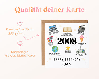 Personalisierte Geburtstagskarte Jahrgang 2008 – Zeitreise mit Musik und Film – Kartenpapier 300 g/m²