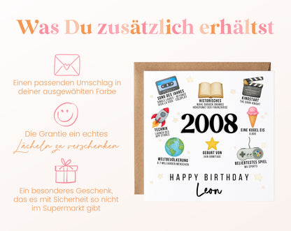 Personalisierte Geburtstagskarte Jahrgang 2008 – Zeitreise mit Musik und Film – Umschlag zur Karte