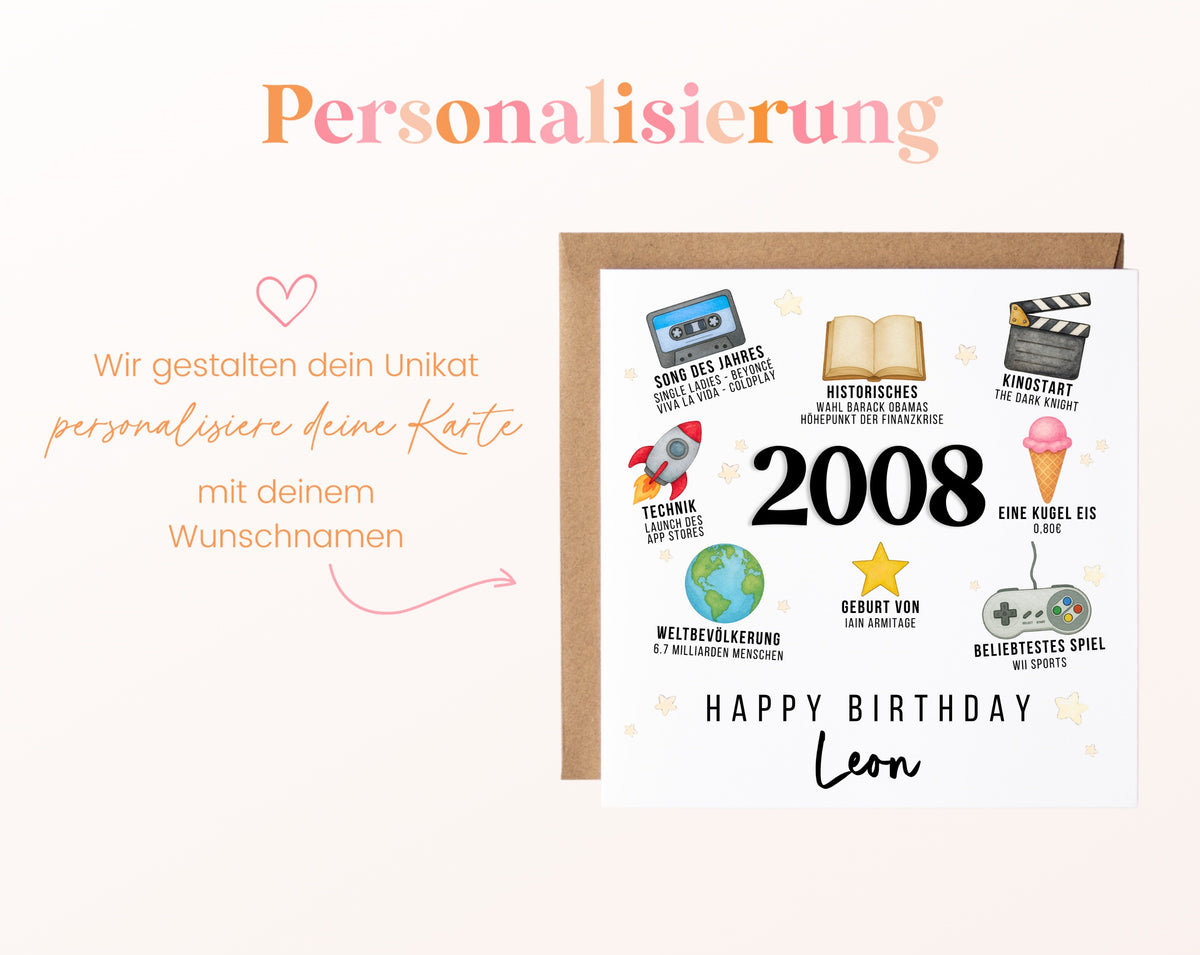 Personalisierte Geburtstagskarte Jahrgang 2008 – Zeitreise mit Musik und Film – Personalisierung mit Wunschname